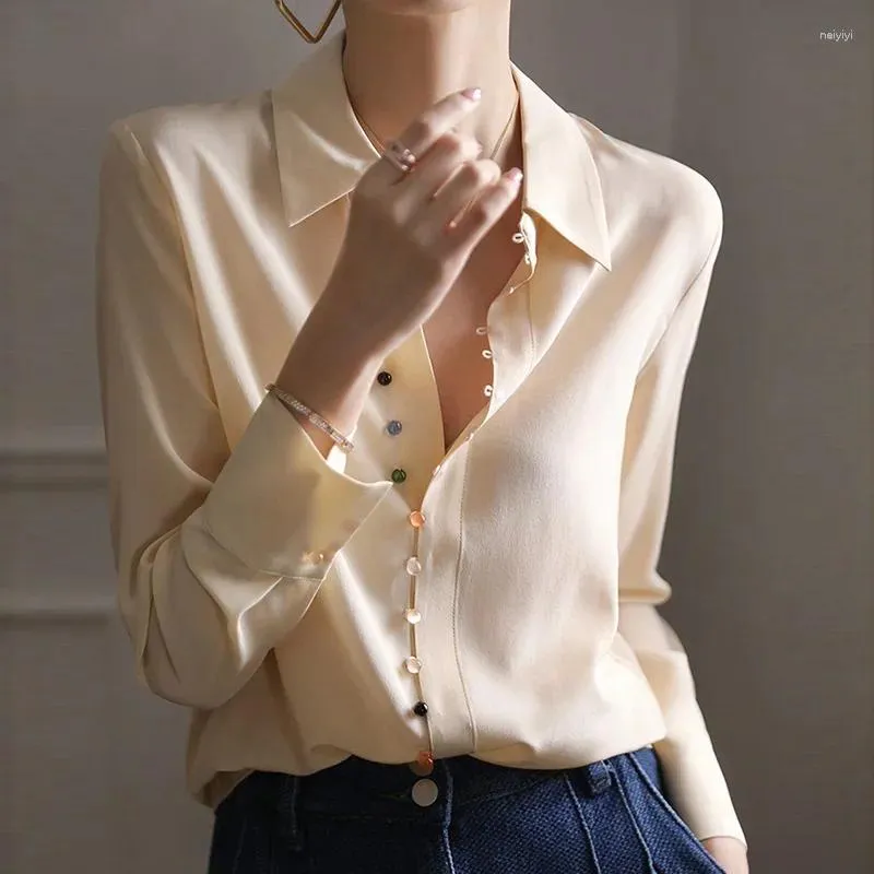 Kvinnors blusar 2023 Autumn Silk Women Blus Casual Colorful Button Up Chiffon Satin Shirt Elegant Loose Tops Chic Vintage Female 18834