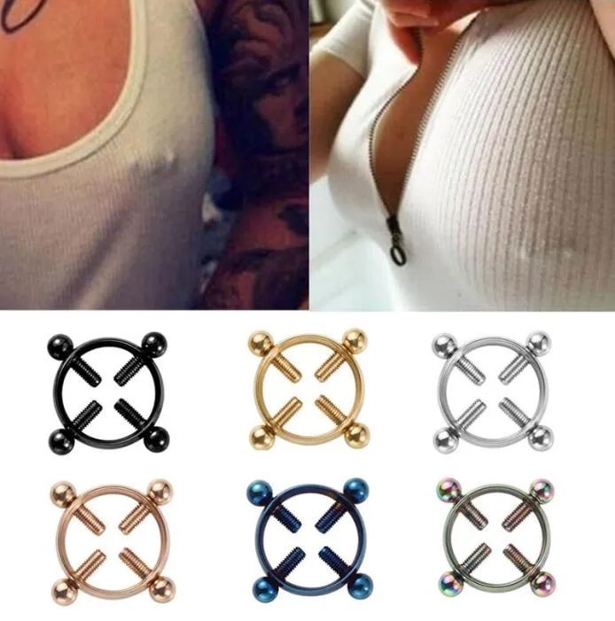 Skruva bröstvårtklämmor sexiga piercingar för kvinnor rostfritt stål falska bröstsmycken non piercing ring shield5748118