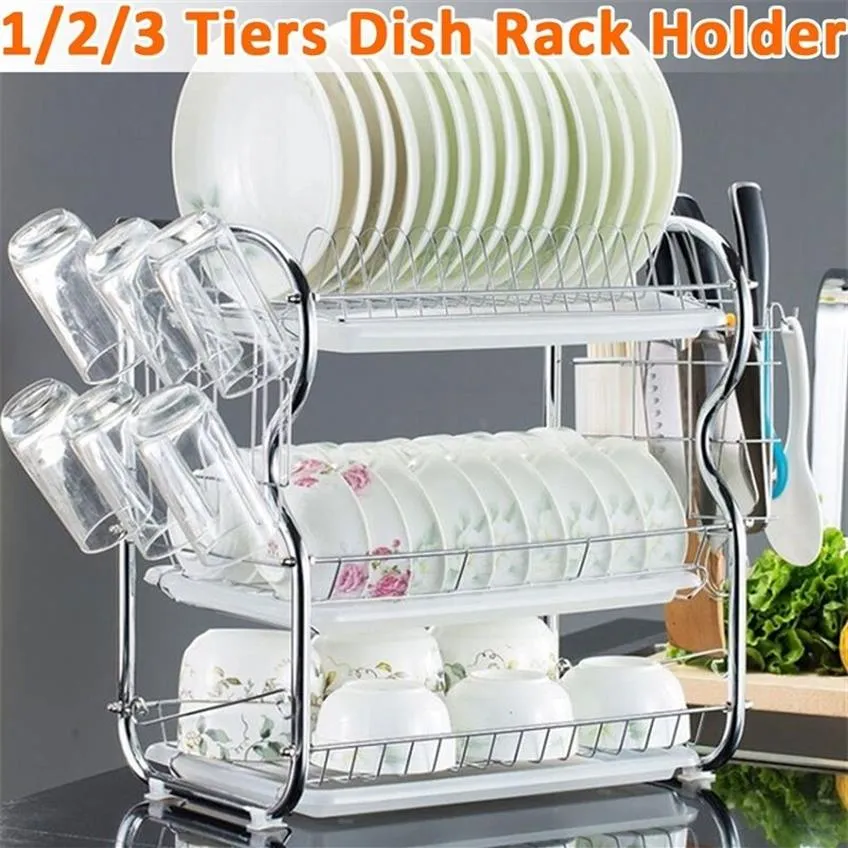 2-3 Tiers Dish Drying Rack Kitchen Washing Holder Basket Plated Iron Kitchen LNIFE Sink Dish Drainer Drying Rack Organizer Shelf T230m