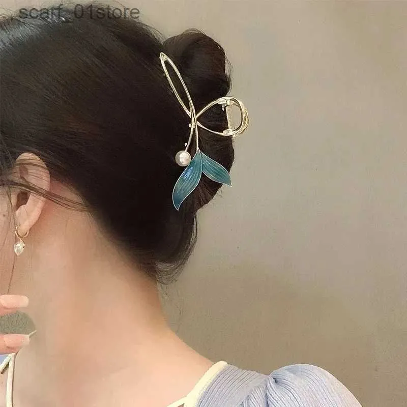 Headwear Hair Accessories Blue Pearl Exquisite Fishtail Hairpin Large Clasp Back Brain Spoon Summer Hairpin Style Shark Clip Headwear hair accessoriesL231214