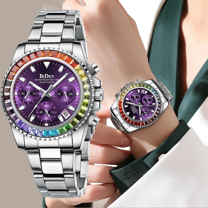 その他の時計バイデンは女性のための時計Quartz手首ファッションレディースブレスレット12 24時間クロノグラフ防水カレンダーMontre Femme Luxe 231214