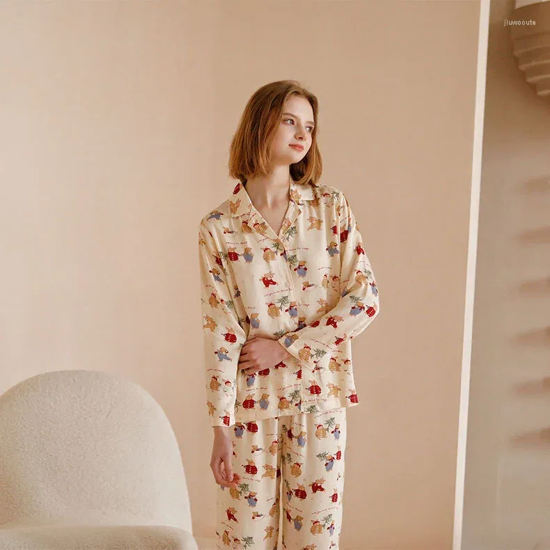 Nachtkleding voor dames 2023 herfst katoen gemalen kerstprint casual losse pyjama lange mouwen broek zachte loungewear