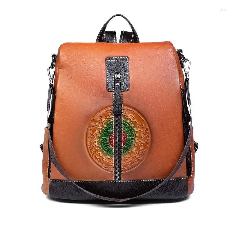 School Bags Female Genuine Leather Backpack Chinse Style Book Messenger Shoulder Bag Embossed Natural Skin Women Rucksack Knapsack