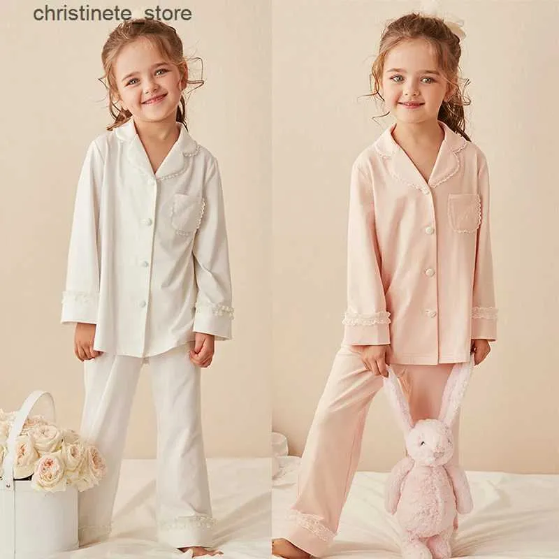 Pyjamas pour enfants filles Lolita col rabattu pyjama hauts + pantalons. Ensemble de pyjamas en dentelle pour enfants en bas âge. Vêtements de nuit pour filles