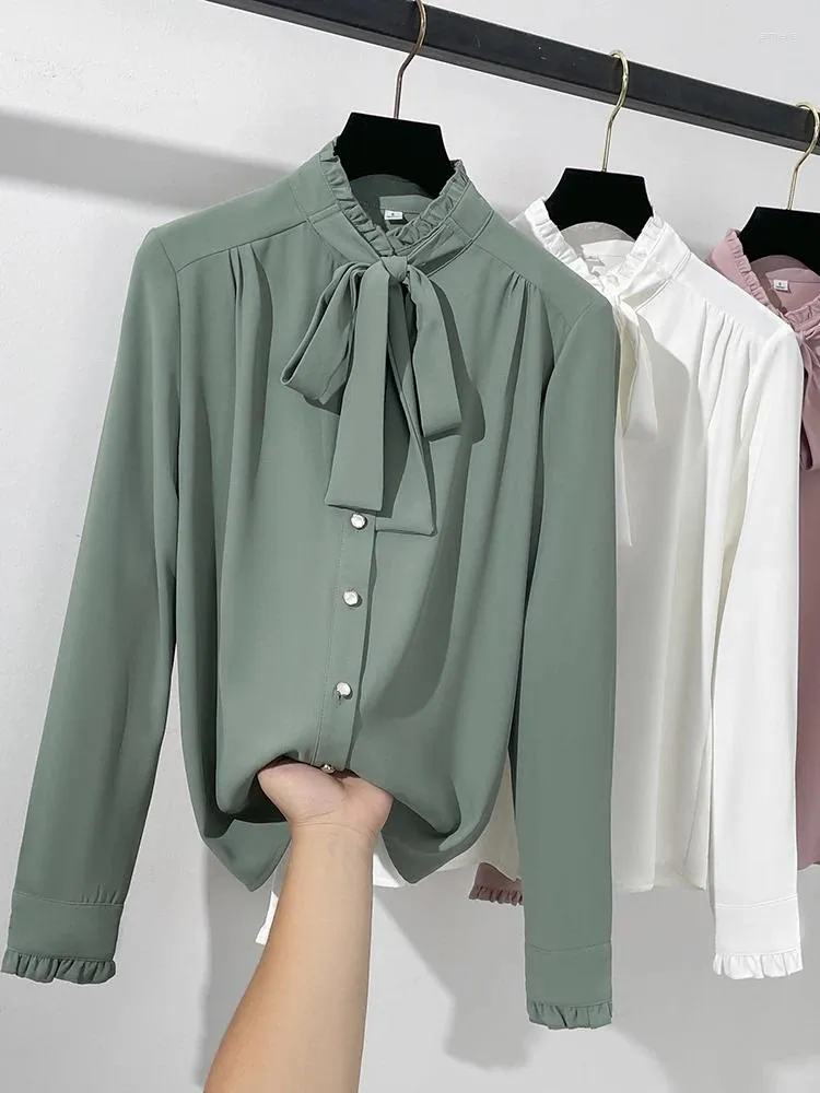 Women's Blouses Solid Women Shirt Mandarin Collar Ruffled Bow Tie Pearl Buttons Long Sleeve Draped Top Pink Office Lady Chiffon Blouse