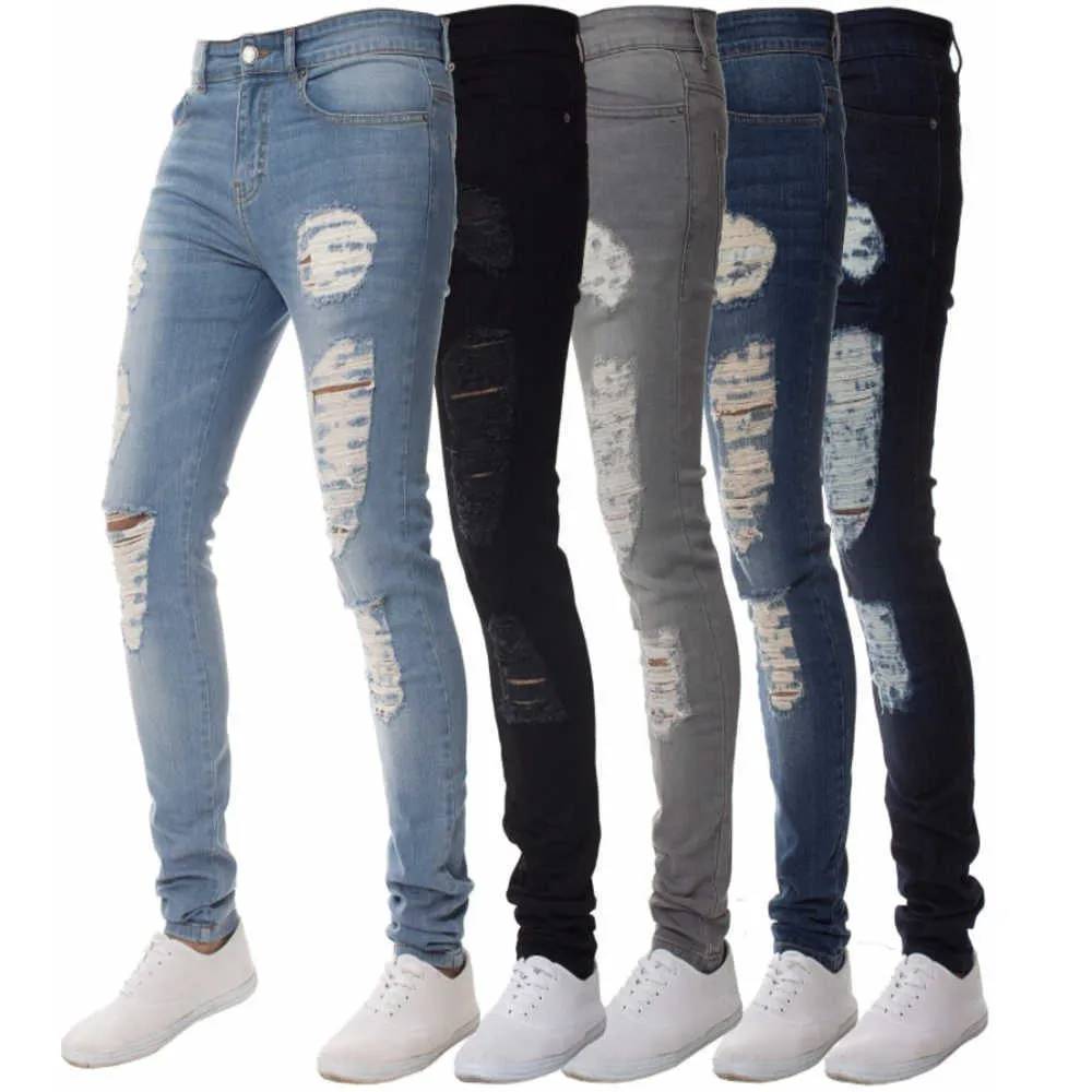 Men's Jeans Mens Solid Color Distressed Biker Cool Fashion Slim Ripped Washed Pencil Pants Men Jean Male High Streeteo8mm59c