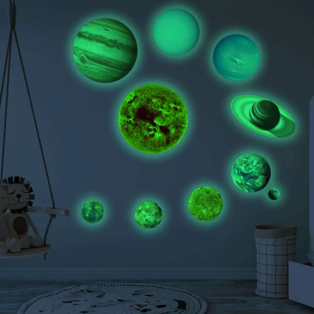 10pcs/Set Luminous Solar System Sun Earth Green Light Space Planets Wall Stickers for Kids Room Baby Nursery Room Play Room