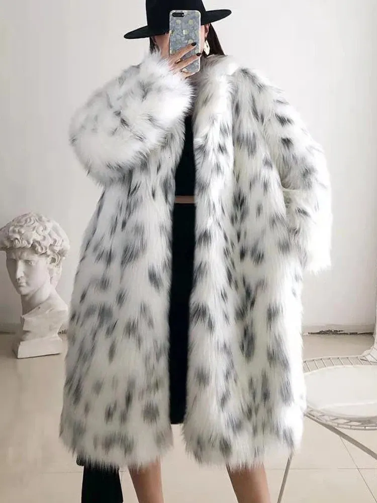 Женское пальто с леопардовым принтом большого размера из искусственного меха, женская модная длинная куртка, женская элегантная пушистая верхняя одежда в стиле Тедди, шикарный флисовый кардиган High Street 231214