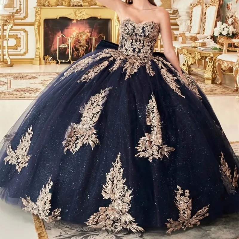 Granatowa błyszcząca suknia balowa sukienki Quinceanera Sweetheart Sweet 16 suknie balowe aplikacje koronkowe vestidos de 15 quinceanera