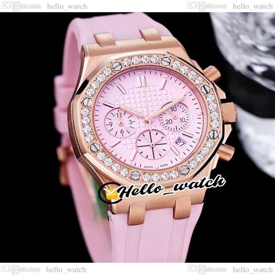 37mm日付26231 Miyota Quartz Chronsograph Womens Watch Pink Texture Dial Stopwatch Rose Gold Case Diamond Bezel Strap Fashi260k