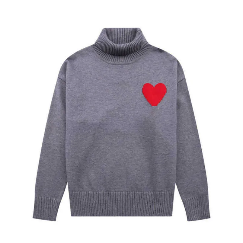 Amis Cardigan Sweater Paris Fashion Designer Amisknitted High Collar Embroidered Red Heart Solid Color Turtleneck Jumper for Men and Women Amisweater Rnxs