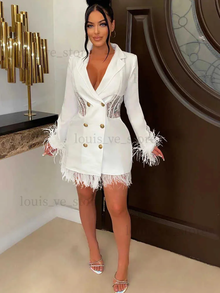 Urban Sexy Dresses 2023 Ny Legant White Spets Insert Feather Trim Dress Glam Långärmad knappkorsett Blazer Dress Party Dresses Sexig Clubwear T231214