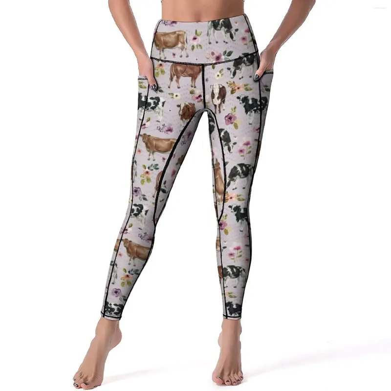 Kvinnors leggings ko och blommor sexig akvarell blommig träning gym yoga byxor hög midja stretch sport tights eleganta mönster leggins