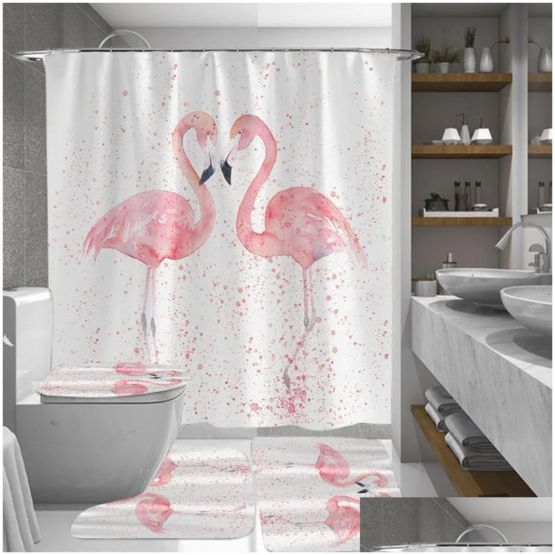 Zasłony prysznicowe 1/3/4pcs 3D Flamingo Wodoodporna kurtyna Mączstowca Dowód toaleta Er bez poślizgu 3pcs Wystrój łazienki z 12 haczykami T20071 Dhrnp