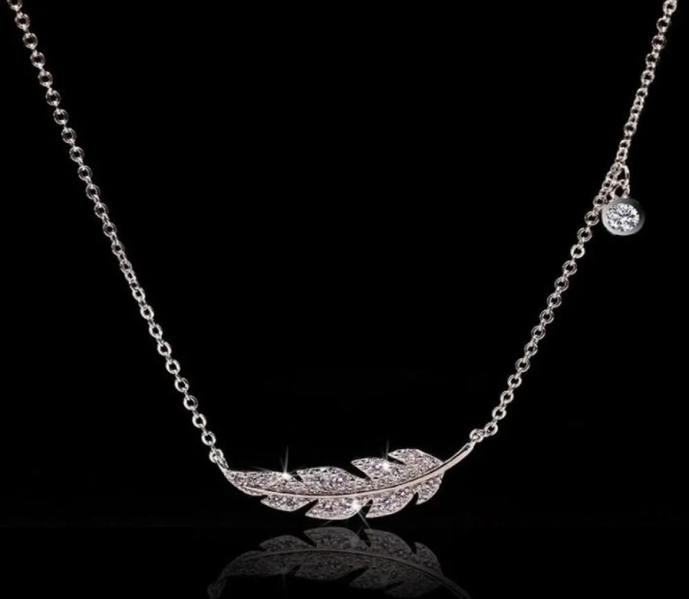 INS TOP Sell Feather Pendant Simple Fashion Jewelry 925 Sterling Silver Pave White Sapphire CZ Diamond Gemstones Party Femme Weddi1449407