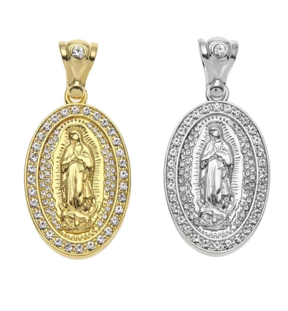 Iced Out Oval Virgin Mary Pendant Hip Hop Jewelry Alloy Bling Rhinestone Crystal Golden Silver Necklace Cuban Chain8496521