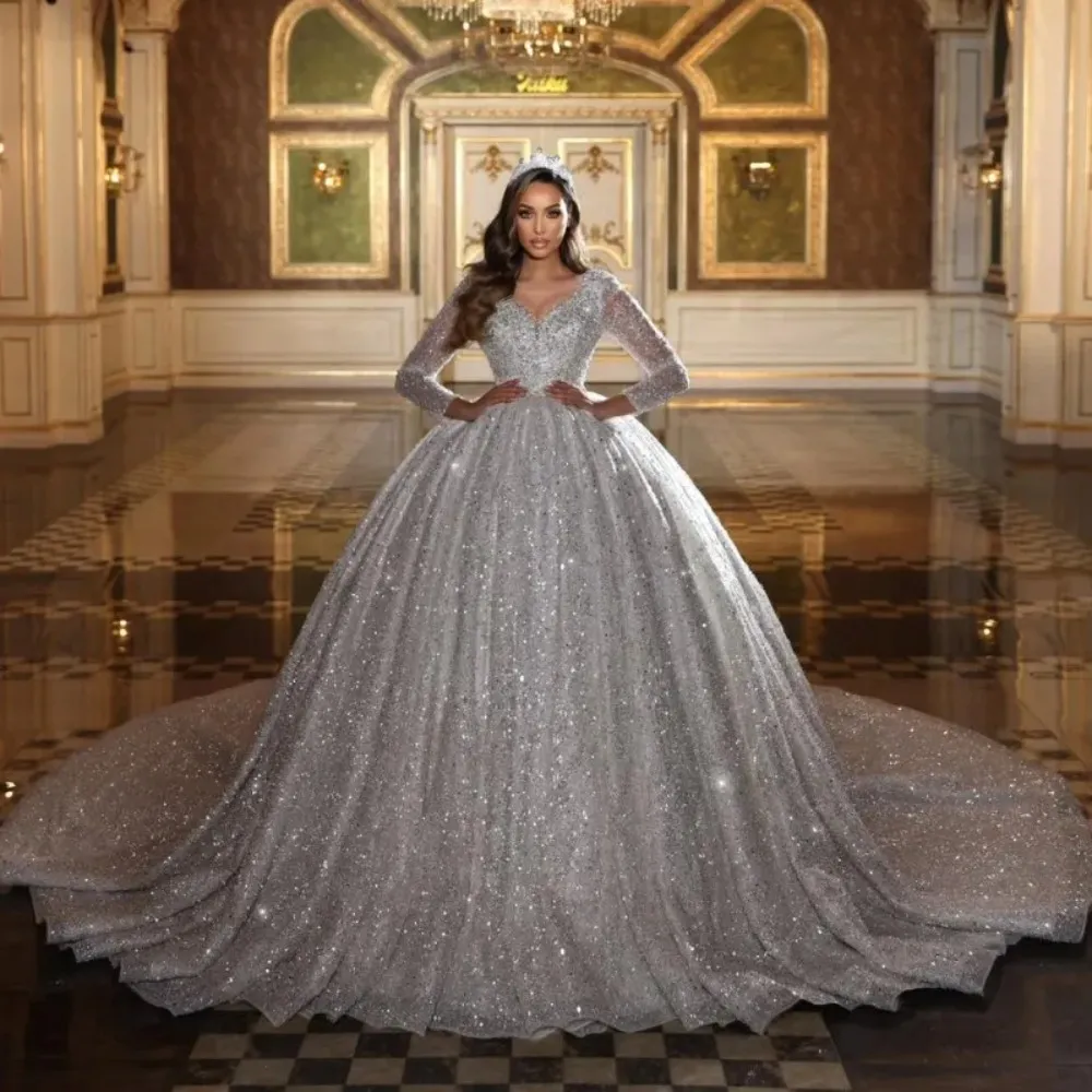 Stunningbride 2024 Abito da ballo con applicazioni scintillanti in pizzo O-Collo Abito da sposa super scintillante Abito da sposa principessa con maniche lunghe con perline di lusso Personalizzato