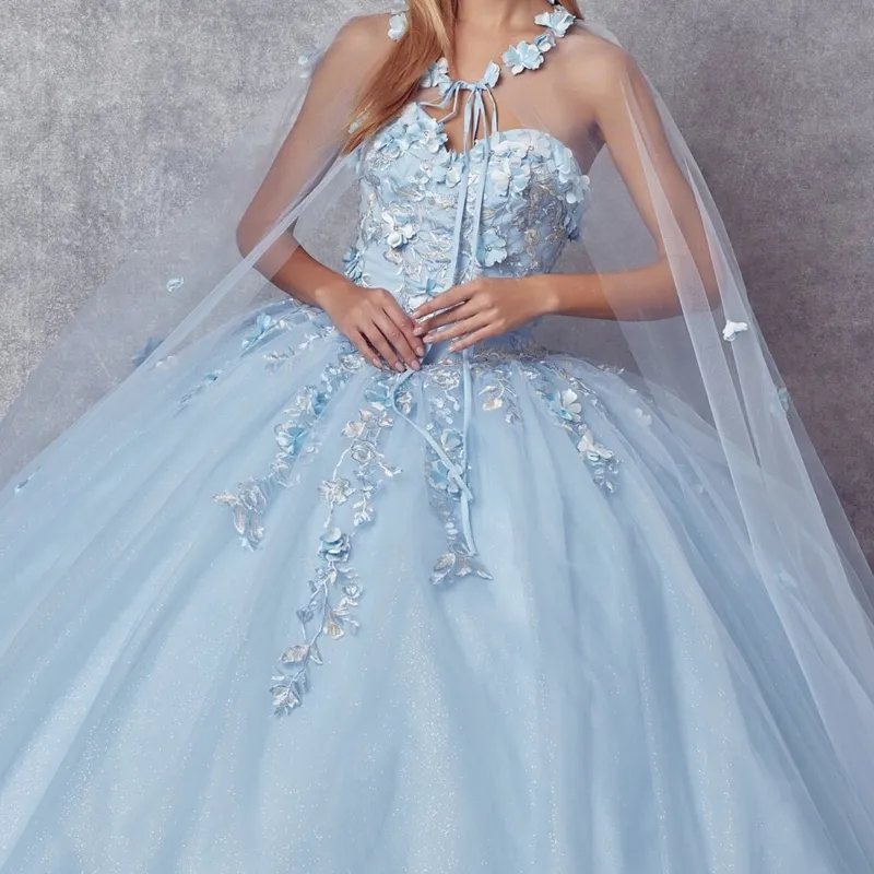 Gök mavisi parlak quinceanera elbiseler prenses tatlı 15 yıl kız doğum günü partisi elbiseler aplikler cape vestidos de quinceanera ile dantel