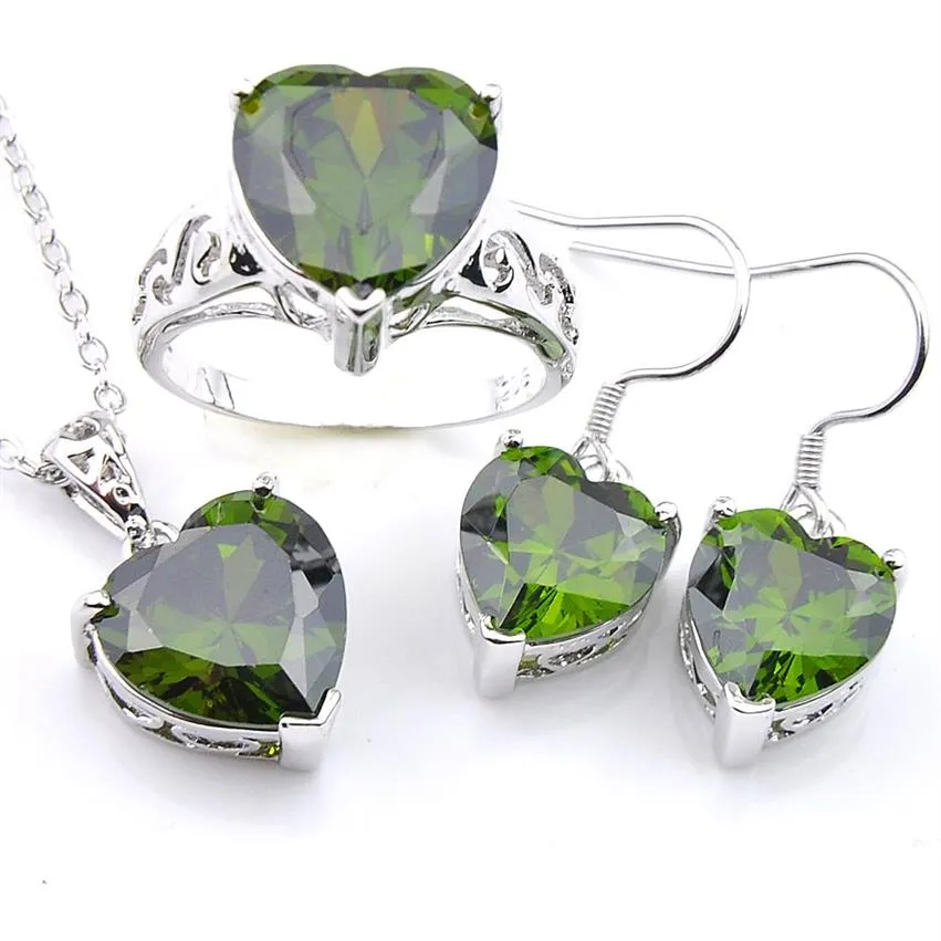 Luckyshine Mix 3 pezzi / lotto regalo di festa classico cuore fuoco verde peridoto gemme pendenti in argento sterling 925 per collane orecchino anello214S