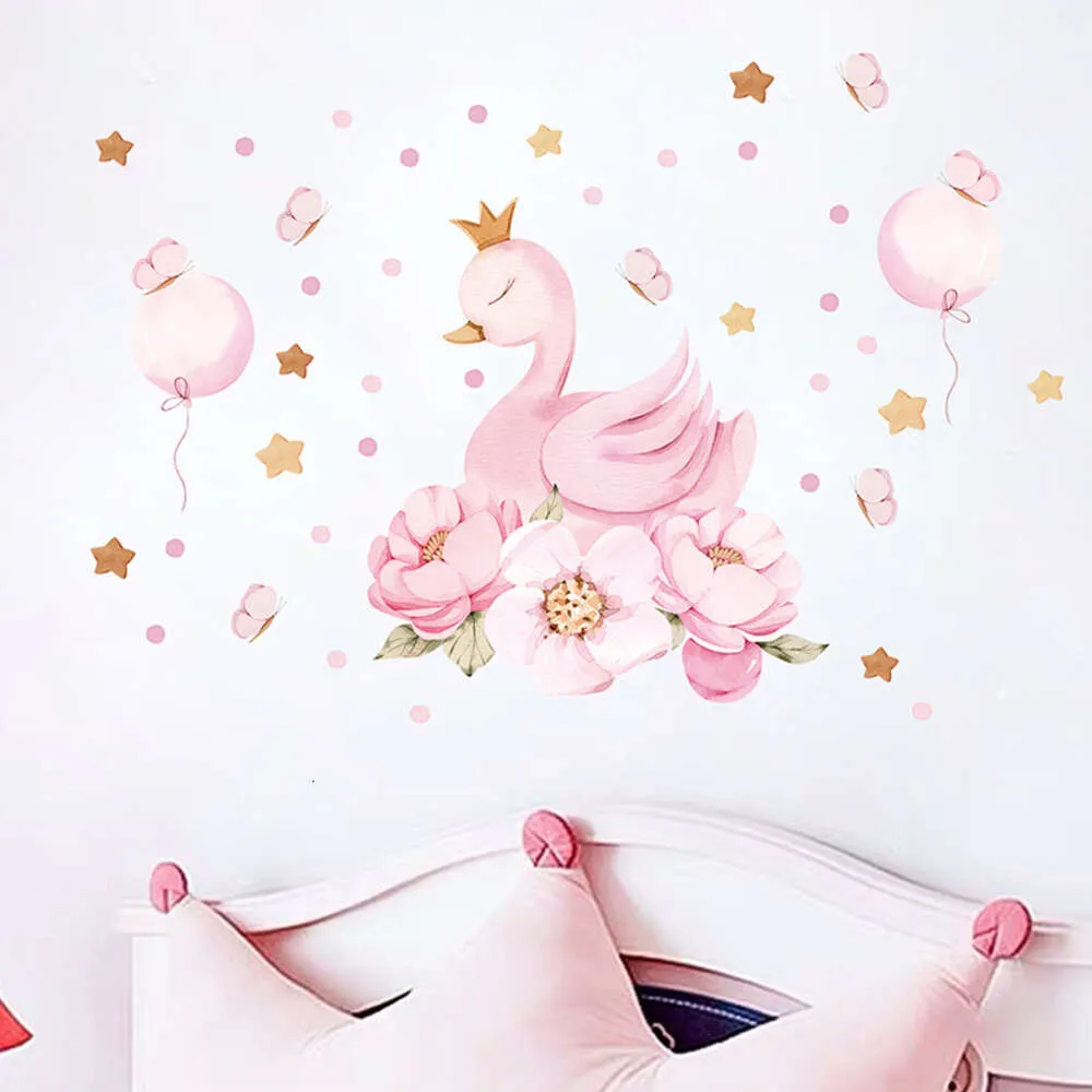 Hand Paint Watercolor Soft Pink Swan Flowers Wall Stickers for Kids Room Bedroom Girl Room Home Decorative Wall Decals Murals