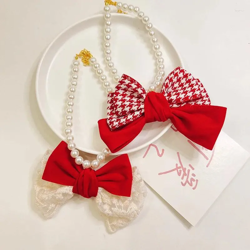 Dog Apparel Pearl Pet Necklace Red Plaid Christmas Cat Collar Accessories Bow Tie Neck Scarf Ring Neckchain Puppy