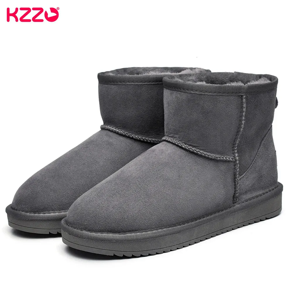 Boots KZZO Size 37-48 Australia Classic Real Sheepskin Suede Leather Men Sheep Wool Fur Lined Winter Short Ankle Snow Boots Grey Shoes 231213