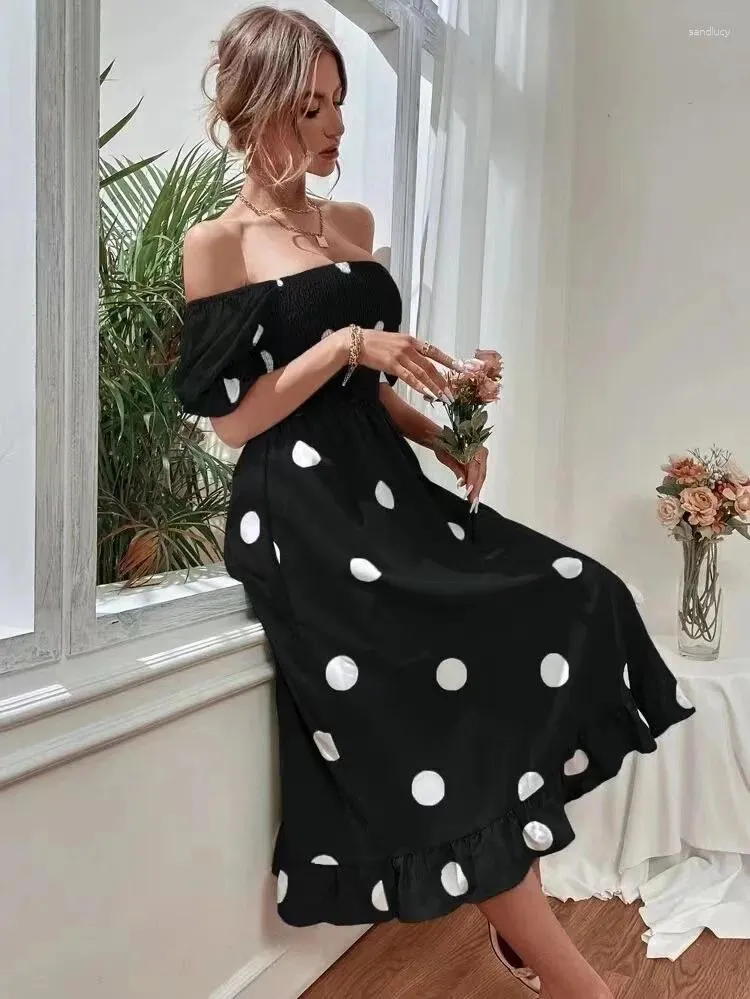 knee length dresses for ladies Berylove Women A Line Off The Shoulder Graduation Dress Polka Dot Black White Midi Summer Dress, Black White Dot / US10