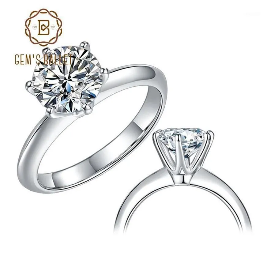 Gem's Ballet 925 Sterling Silver Moissanite Ring 1CT 2CT 3CTラウンドモイサナイトダイヤモンドソリティアエンゲージメントリング女性12532