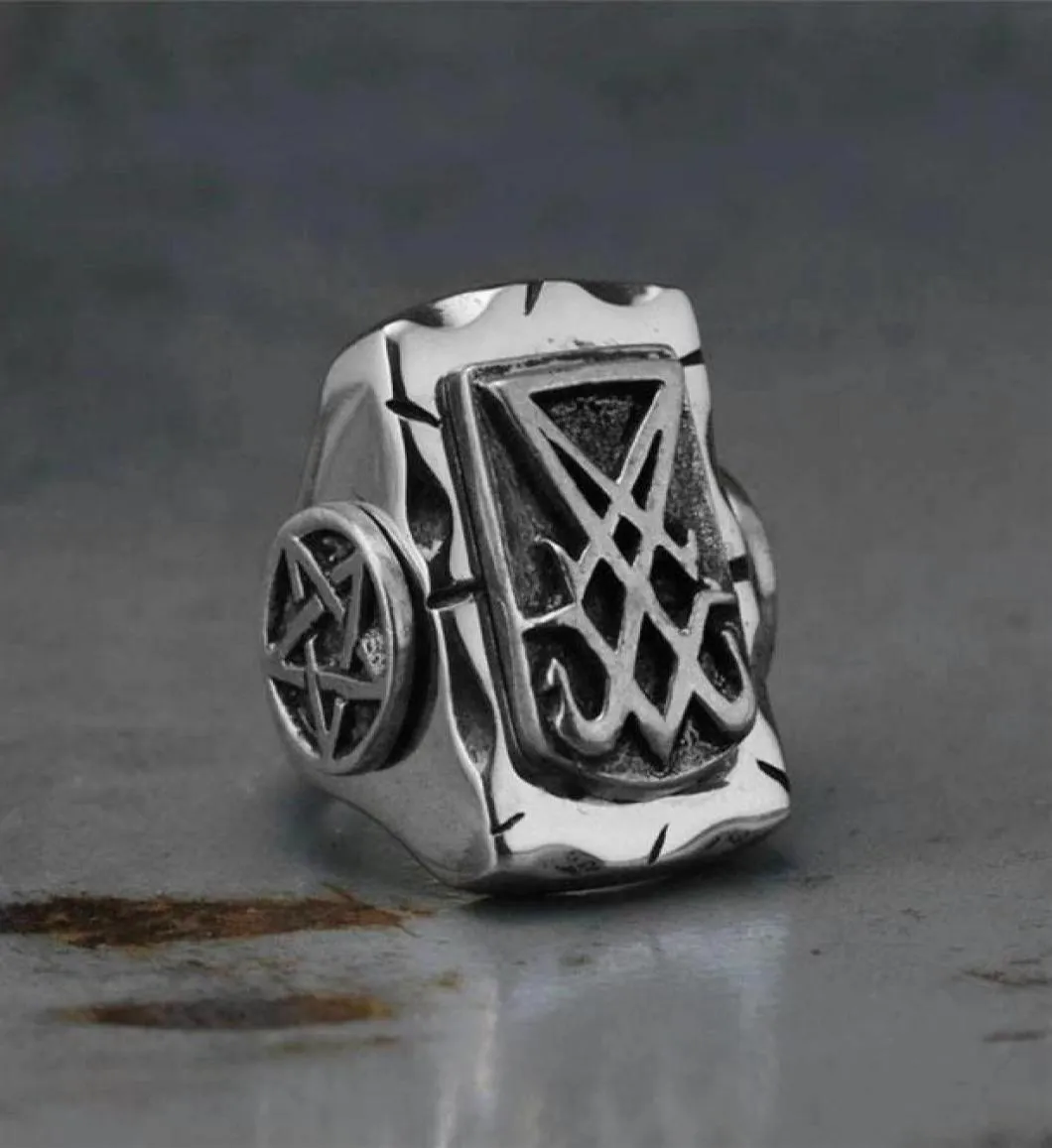 Anelli a grappolo Eyhimd vintage Sigil Lucifero Biker Anello 316L in acciaio inossidabile Pentagramma Pentagramma di Satana per uomini Maschio Punk gioiello Punk287918942