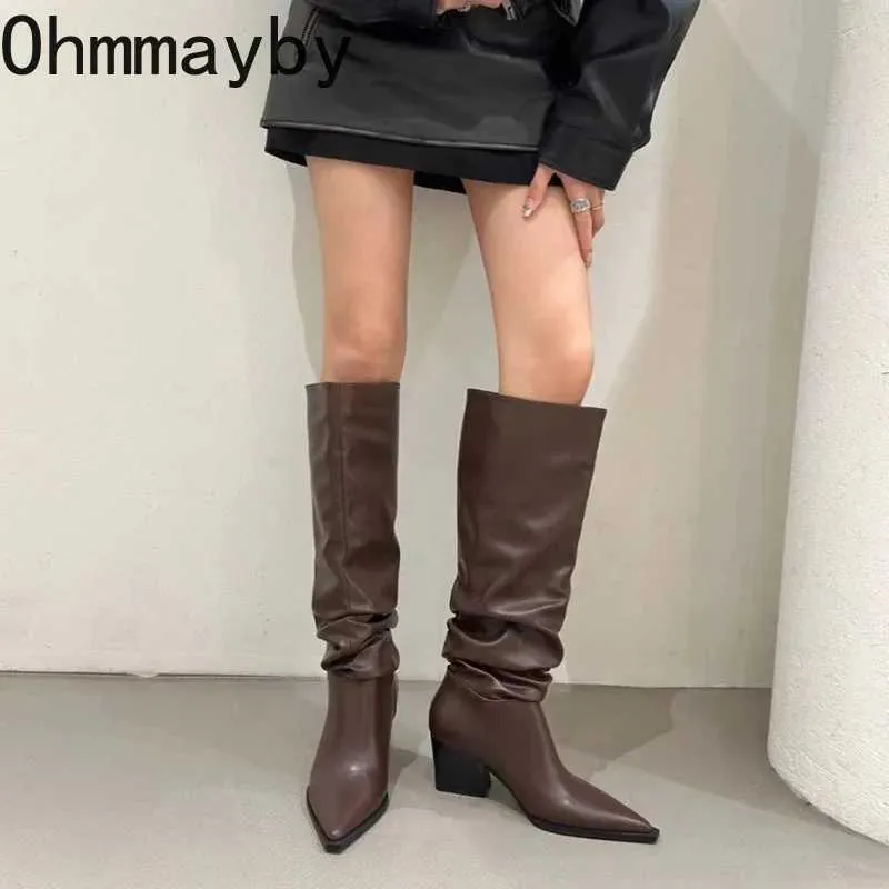 Warmer Designer Dames High Boots Mode Pointed Toe geplooDed Long Botas Ladies Elegant Square Low Heel Shoes Winter Damesschoenen Winter Dames