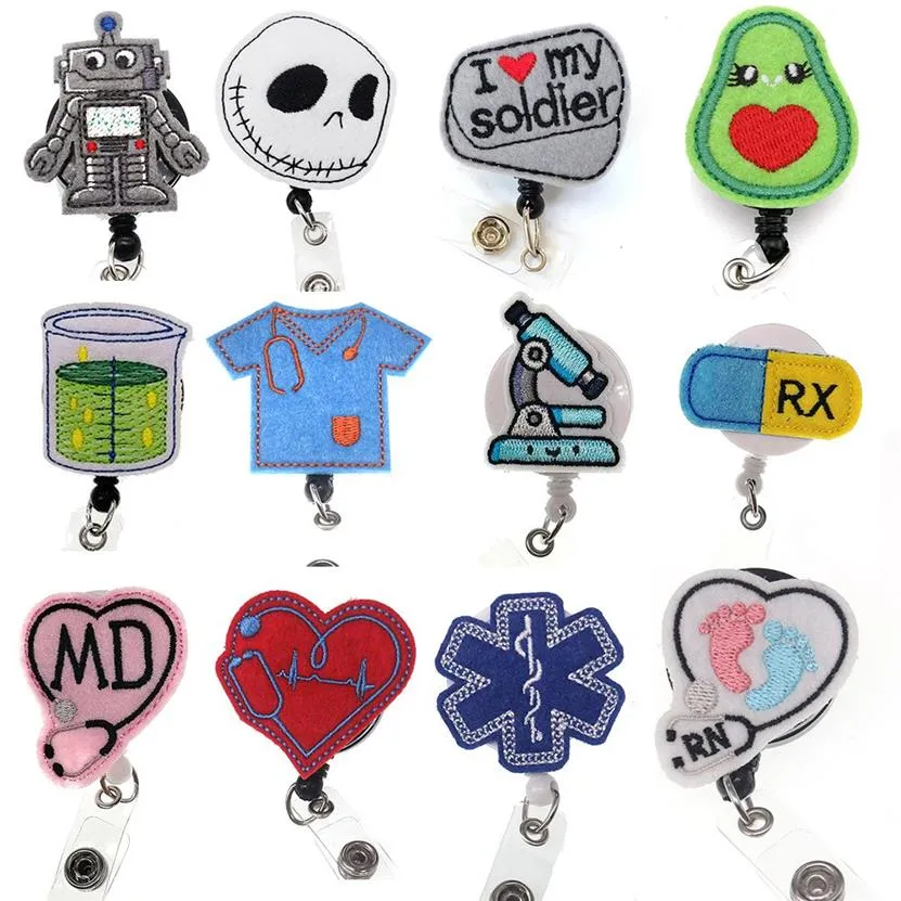 Porte-clés en feutre de dessin animé médical, porte-badge rétractable, bobine de traction, étiquette de carte d'identité d'infirmière avec Clip226z