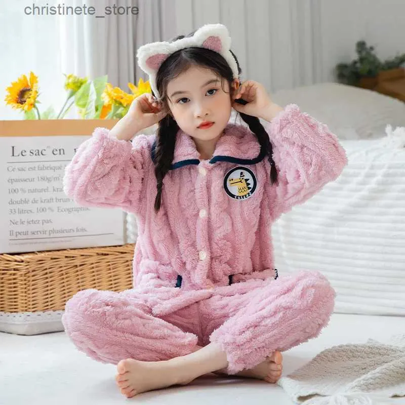 Pajamas Winter Baby Clothes Pajamas Set Girls Boys Pijamas Children's Warm Flannel Cartoon Dinosaur Sleepwear Fleece Night Clothes Suits R231214