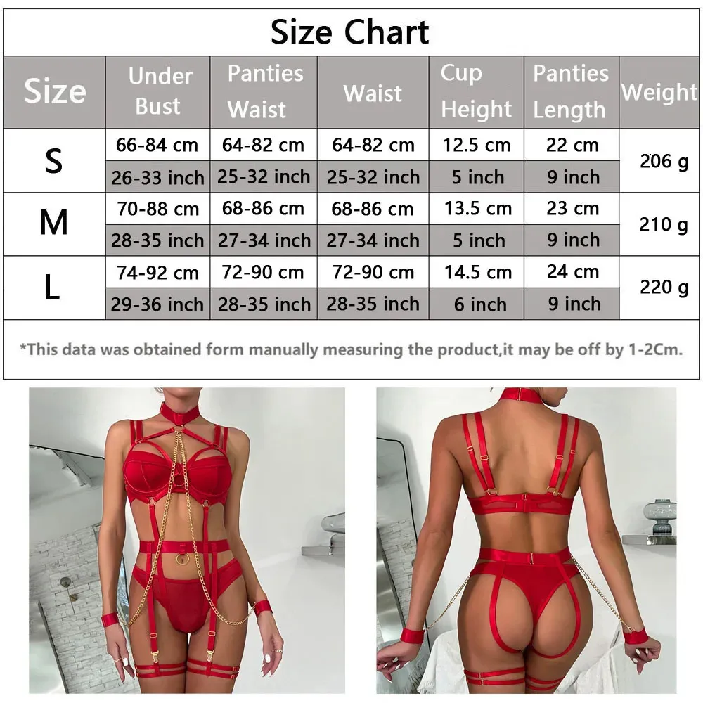 Red Bondage Lingerie Underwear With Chain Ring Linked Erotic Costumes  Fetish Sissy Teddy 4-Piece Suit
