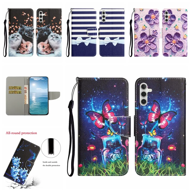 Capas carteira de couro impressas para Samsung S24 A15 A05S S23 Ultra Plus A23E A14 5G A35 A55 Redmi 13C Xiaomi 13T Flor Borboleta Tigre ID Slot para cartão Titular Flip Cover PU Bolsa