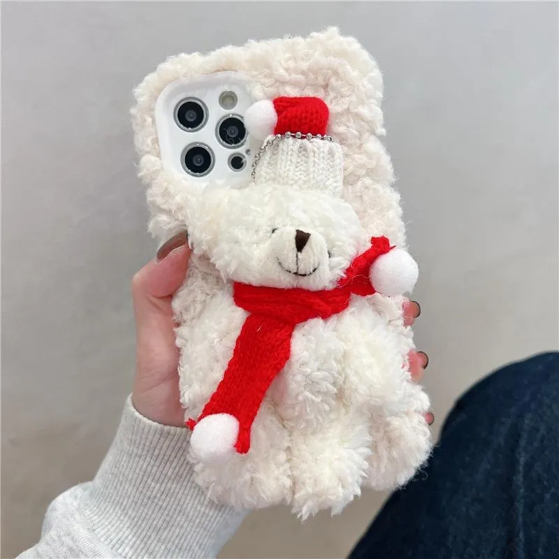 Ny iPhone 15/14/13 Winter Christmas Style 3D Cute Bear Cartoon Christmas Hat Plush Warm Phone Case