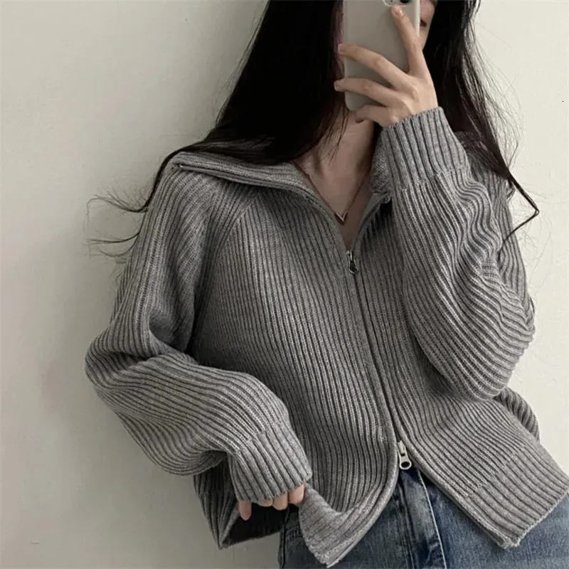 Kadın Sweaters Sonbahar ve Kış Kadınlar için Korece Moda Sıradan Gevşek Kuru Çift Fermuarı Örme HARDIGAN Siyah Gri Kazak 231214