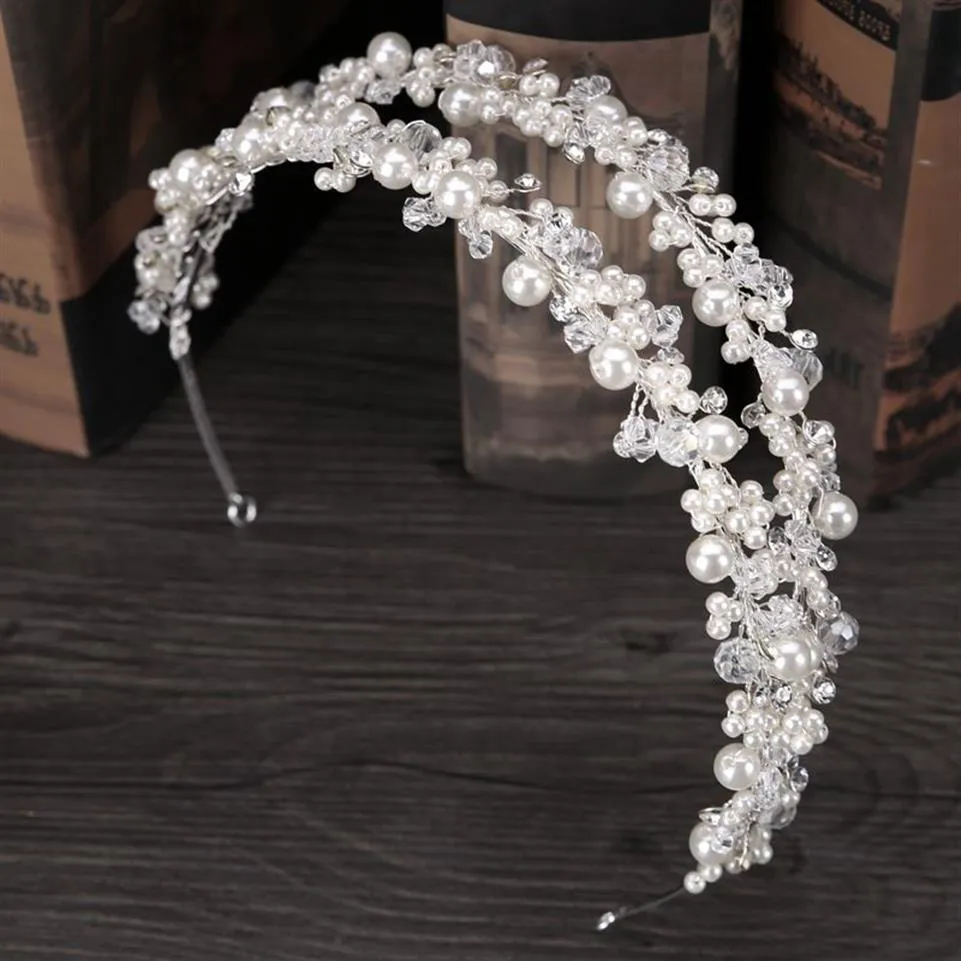 Bridal Crowns Hair Bands korea Bride Crystal Tiara Princess Pearl Crown Wedding Tiaras Headpieces Birthday Party Tiaras Jewelry Ac268g