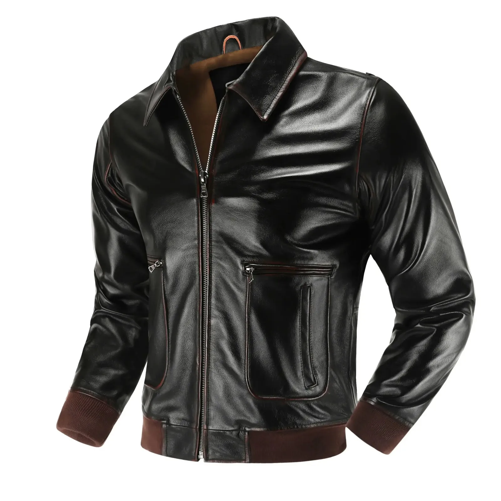 Men's Leather Faux Leather Men's Top layer Genuine Leather Jacket Military Pilot Jackets Air Force A2 Lapel Retro Rub Color Tooling Short Large Coat 231213