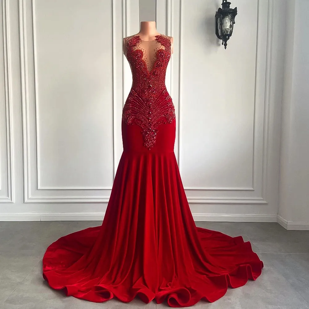 Abiti lunghi rossi da ballo 2024 Lusso scintillante con perline di diamanti Sirena sexy Top trasparente Ragazza nera Velluto Prom Abiti di gala Abiti Festa Robe De Soiree