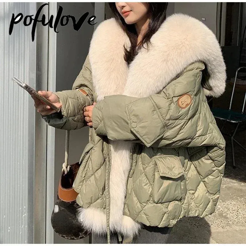 Mulheres para baixo parkas grande luxo falso gola de pele casaco fofo solto puffer jaqueta pena feminino parka neve outwear à prova de vento 2023 inverno feminino 231213