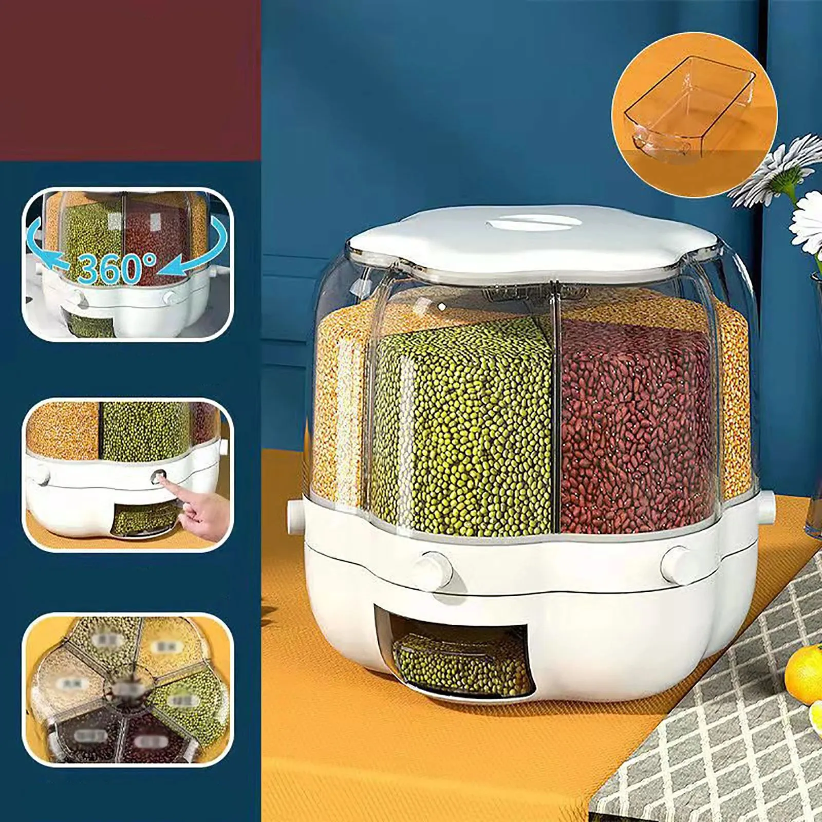 Rotating Grain Dispenser - 6 Compartment Transparent Countertop Container For Rice, Beans, Small Grains, 13 Lb Capacity