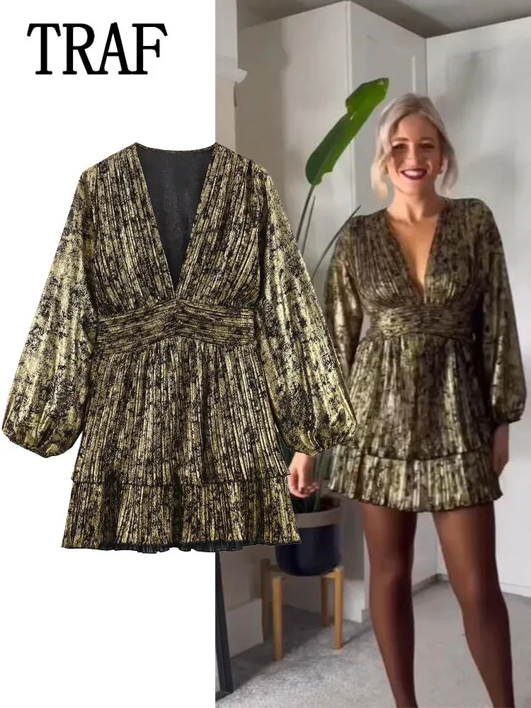 Urban Sexy Dresses Traf 2024 Kvinnor Elegant Kort för Gold Ruffle Mini Dress Female Long Sleeve Party 231214