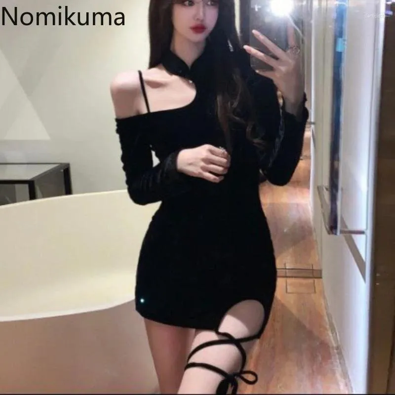 Casual Dresses Bodycon Woman Dress Vestidos de Mujer Stand Neck Off Shoulder Bandage Vintage Robe Femme Hollow Out Sexy Velvet Mini