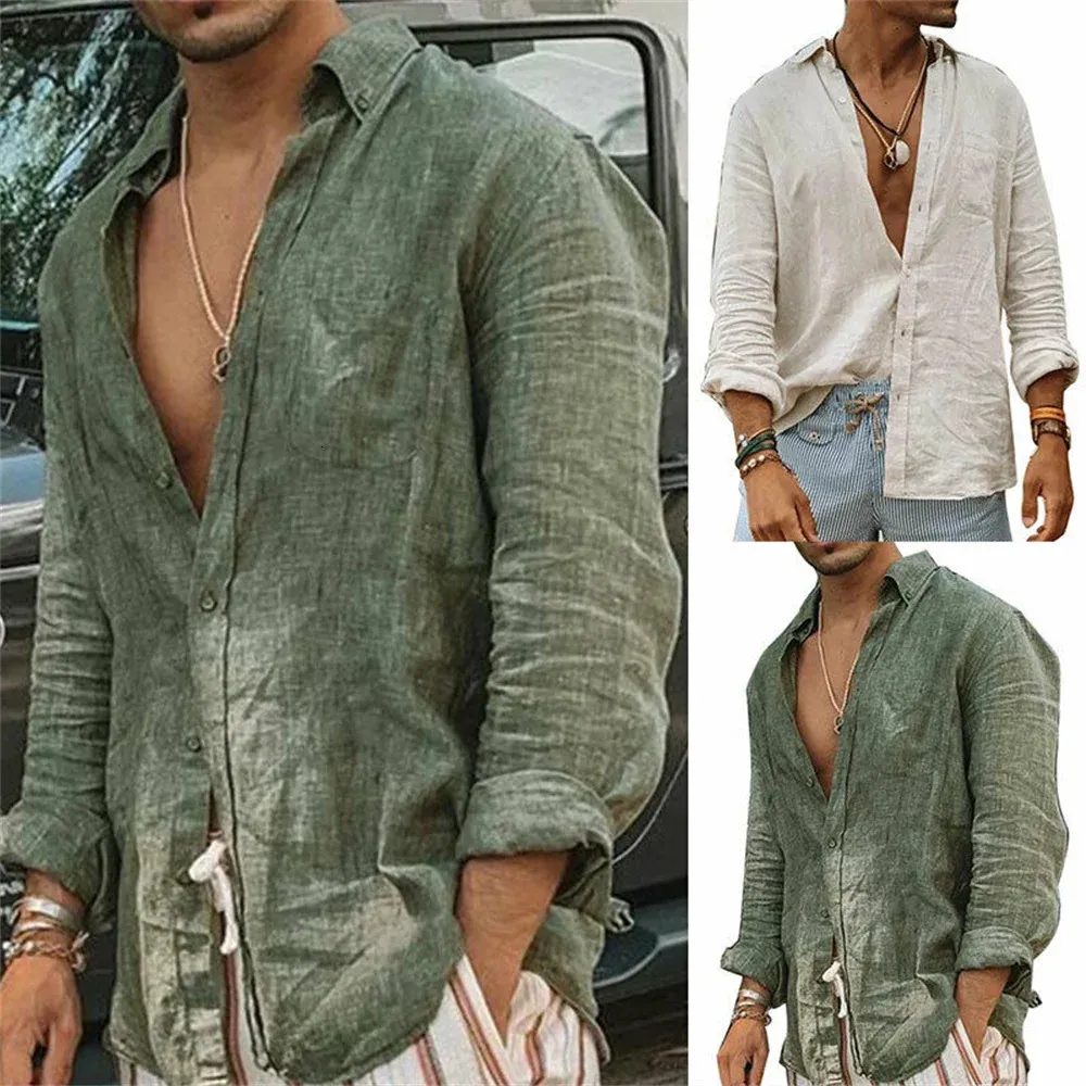 Herrklänningskjortor 2023 Men Casual Cotton Linen ShirtStanding Collar Male Solid Color Long Hides Loose Tops Spring Autumn Handsome 231213