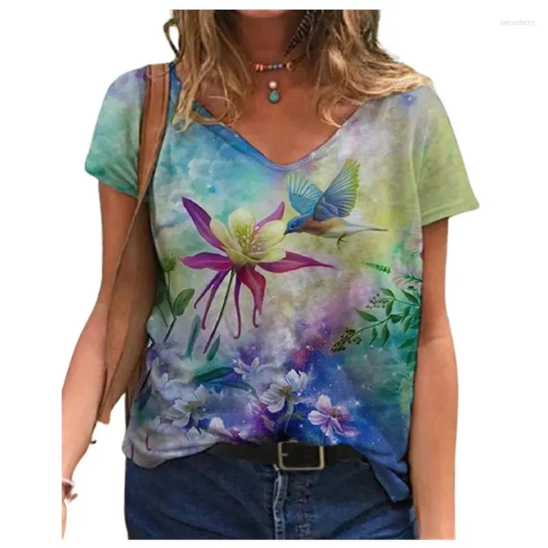 Camisetas para mujer 2023 Mujeres Camisa estampada floral Manga corta con cuello en V sueltas Damas Casual Tops 3XL Tamaño Tee Verano de gran tamaño Streetwear