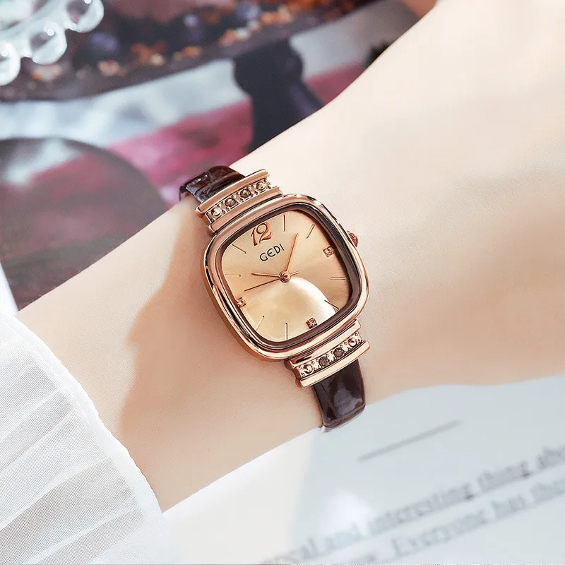 Womens retro simple fashion high quality small square waterproof belt quartz watch D4