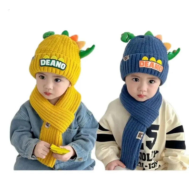 Casquettes Chapeaux Doit Cartoon Chapeaux Chauds Pour Enfants Enfants Beanie Ensembles Acrylique 3D Dinosaure 2 Pcs Garçons Filles Hiver Tricot Chapeau Écharpe Ensemble Enfant 231213