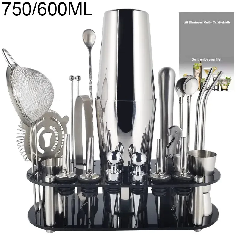 Outils de bar 13-22 pièces 750 ml 600 ml Boston Cocktail Shaker outils de barre mélangeur de vin ensemble barman Cocktail Shaker trousse à outils avec support 231214