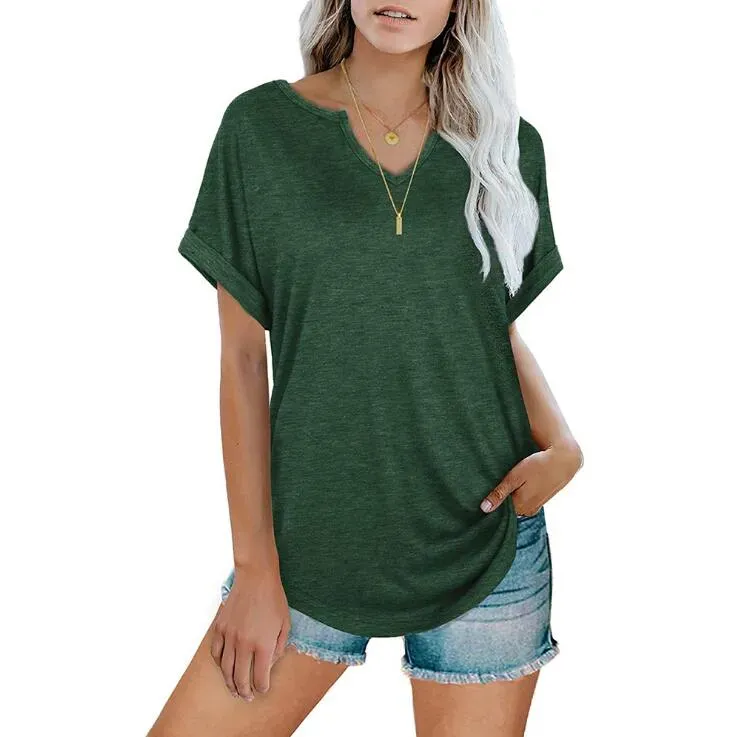Women T-Shirts Short Sleeve Shirt fashion Solid Color V-neck Shirts Casual Pullovers Top Loose Patchwork Tees Clothing wmq1300