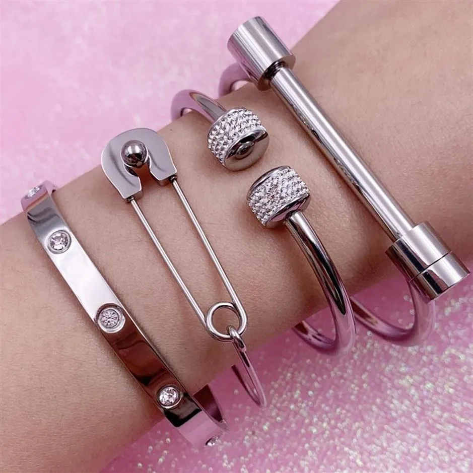 Mavis Hare Ball Love Crystal Bangle & Pin Bracelet Set Stainless Steel Cuff Open For Woman2702